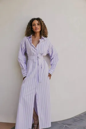 CURAAE Jasmine Maxi Shirt Tie A Line Dress In Purple Stripe
