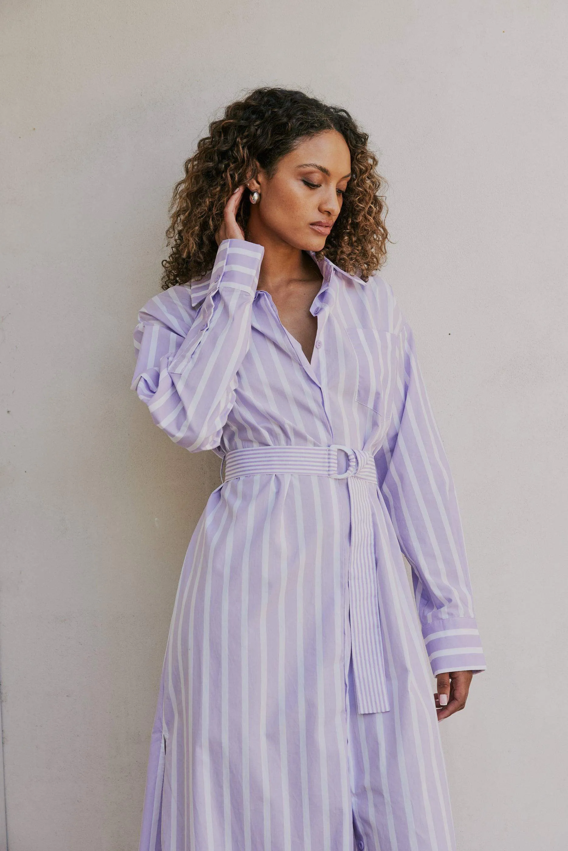 CURAAE Jasmine Maxi Shirt Tie A Line Dress In Purple Stripe