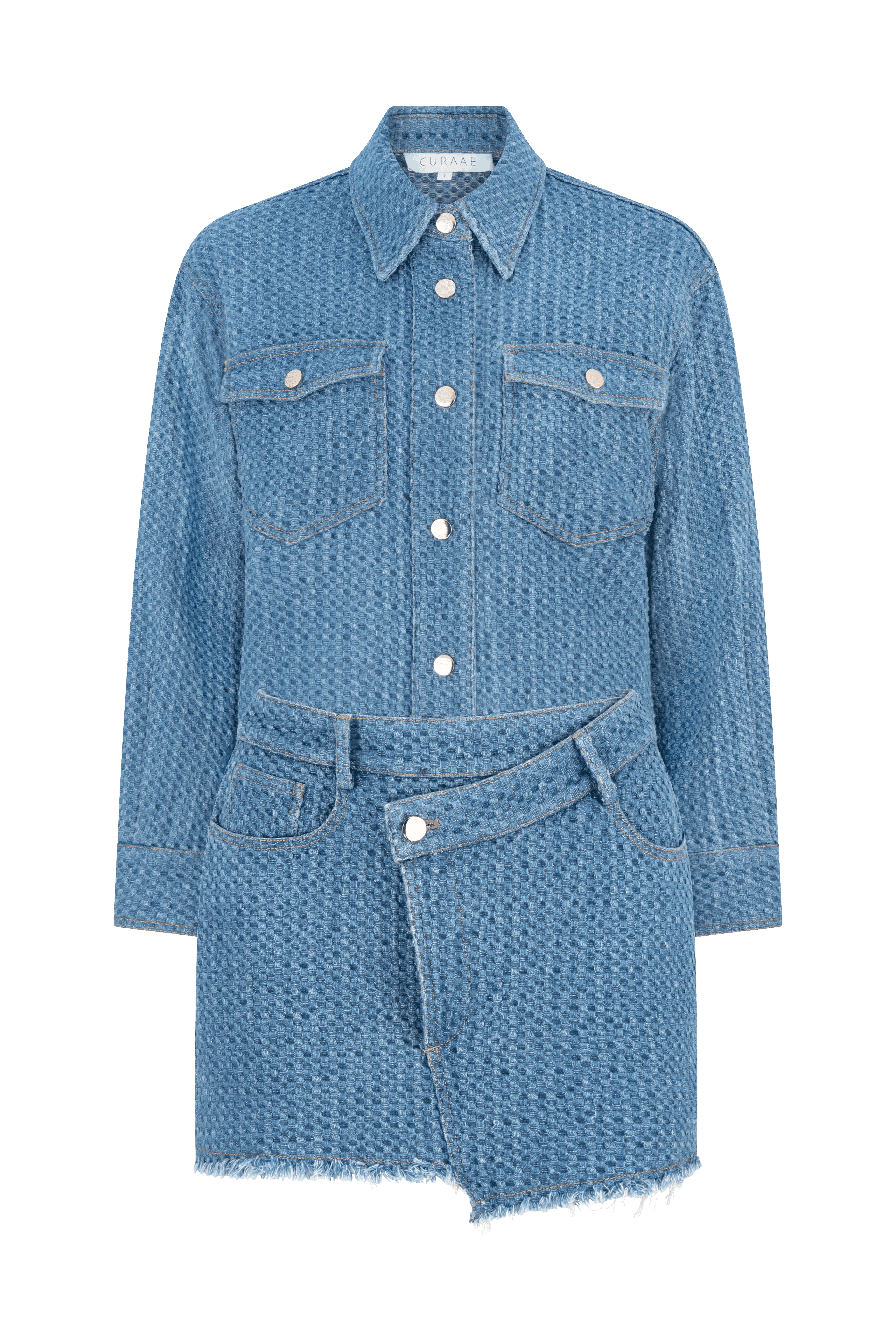 CURAAE Lyra Two Piece Textured Denim Button Asymmetrical Set In Mid Blue