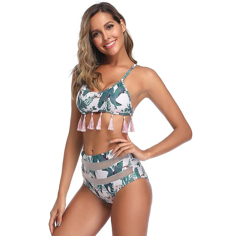 Explosive mesh high waist printed bikini swimsuit