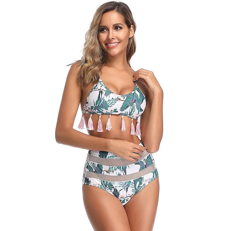 Explosive mesh high waist printed bikini swimsuit