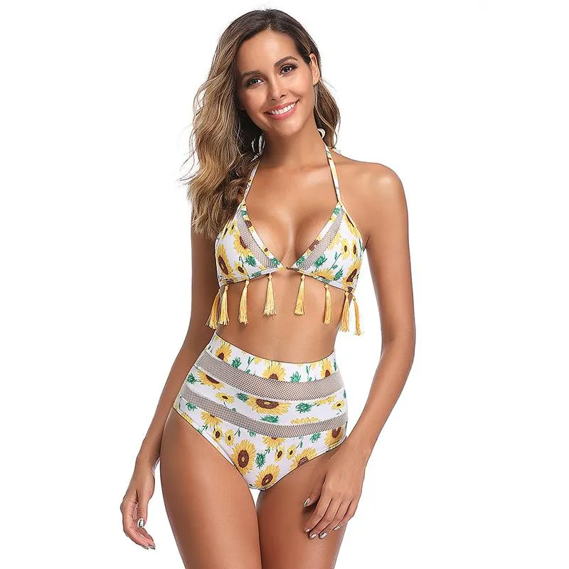 Explosive mesh high waist printed bikini swimsuit