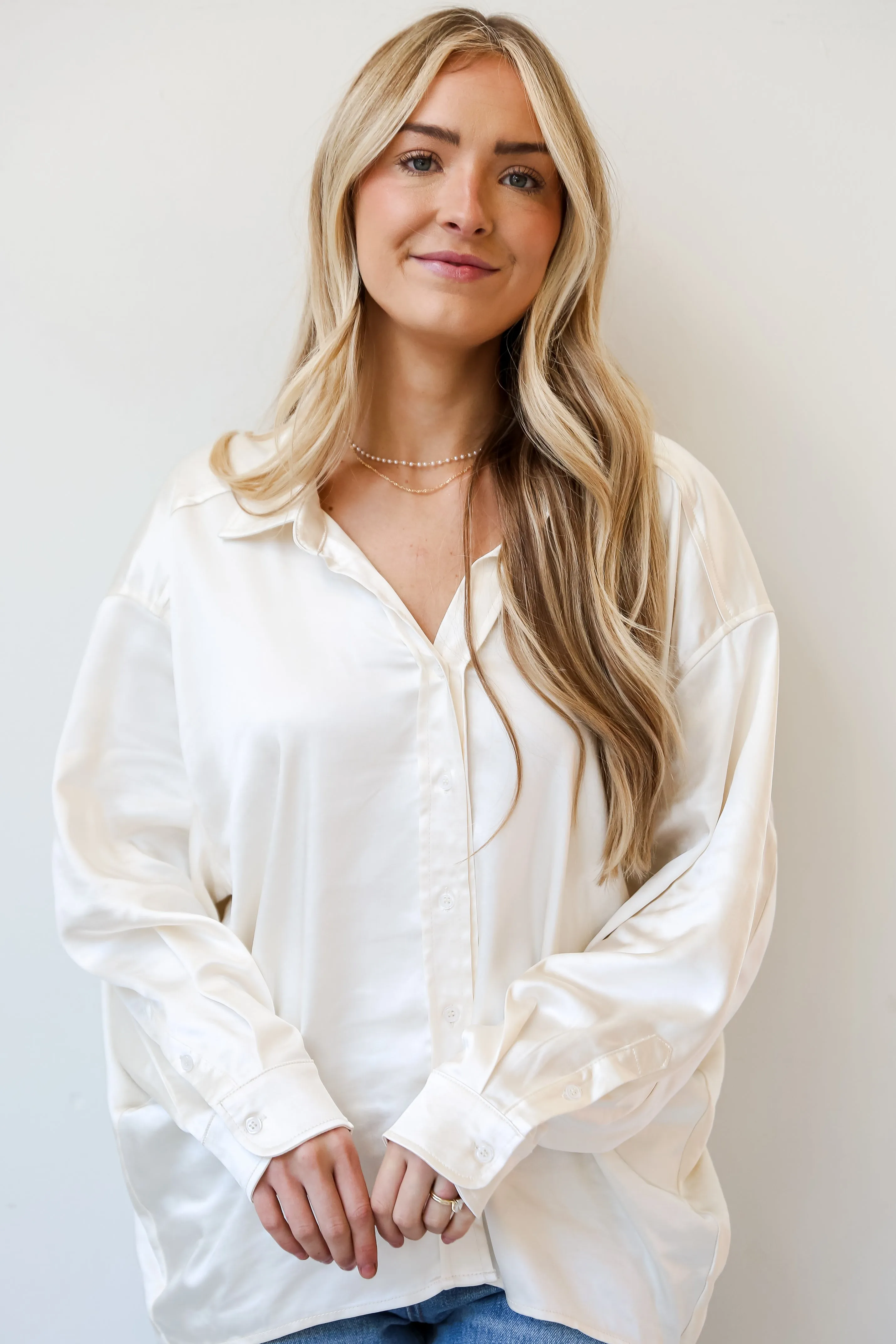 FINAL SALE - Consistently Confident Ivory Satin Oversized Button-Up Blouse