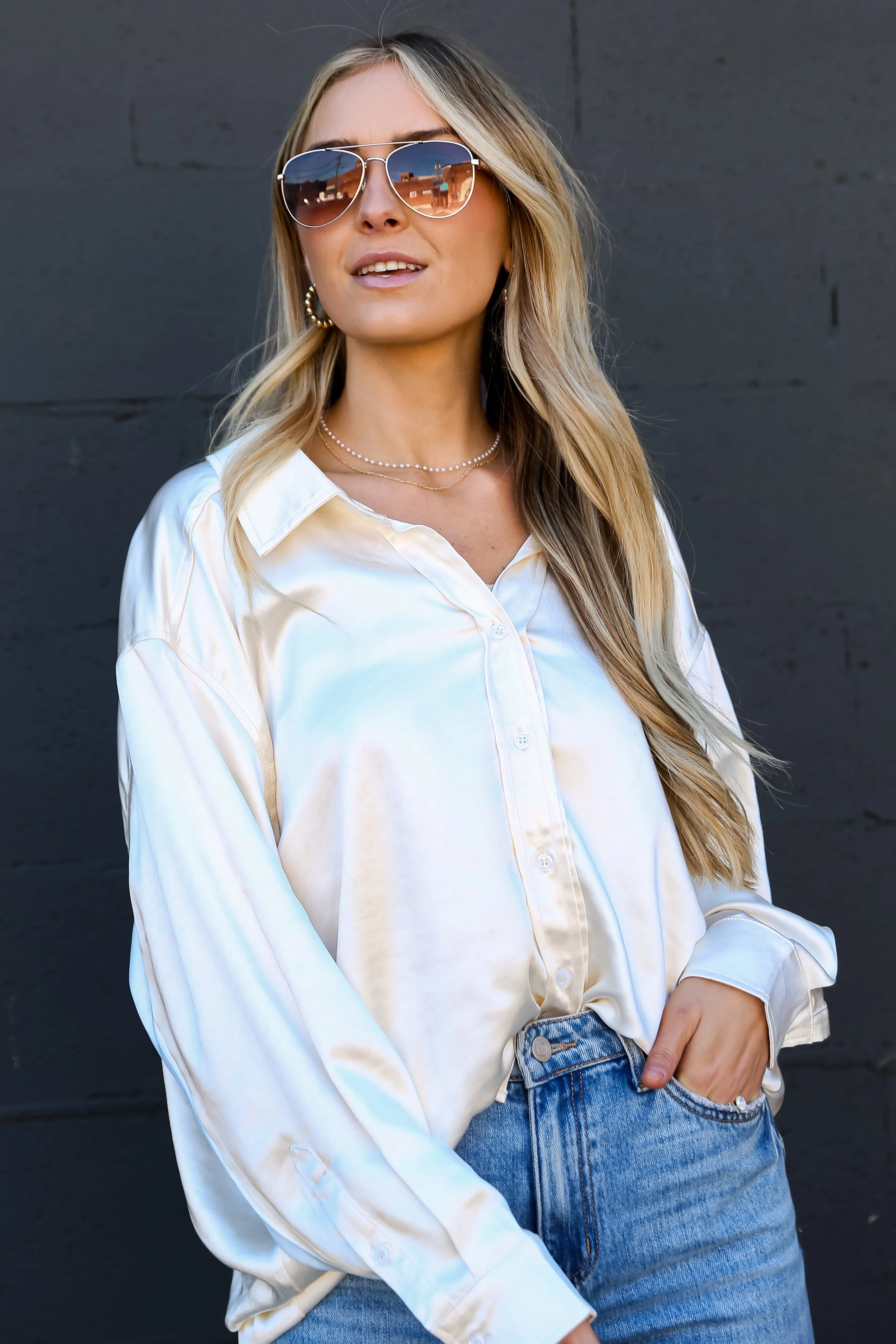 FINAL SALE - Consistently Confident Ivory Satin Oversized Button-Up Blouse