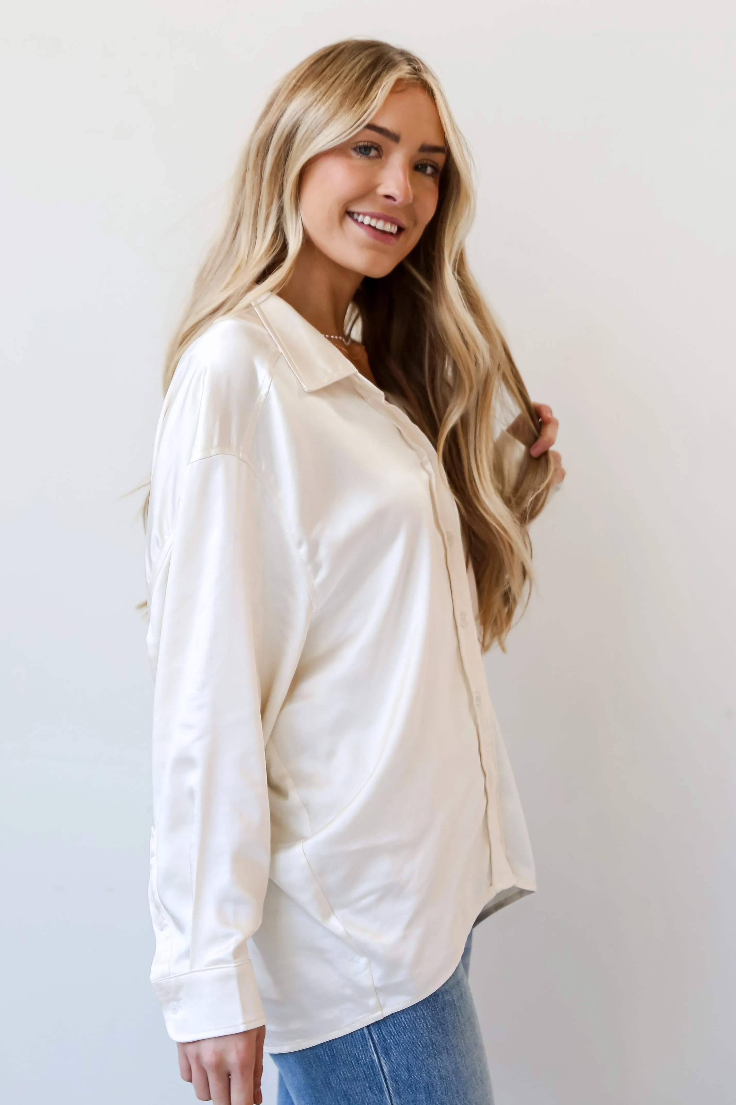 FINAL SALE - Consistently Confident Ivory Satin Oversized Button-Up Blouse
