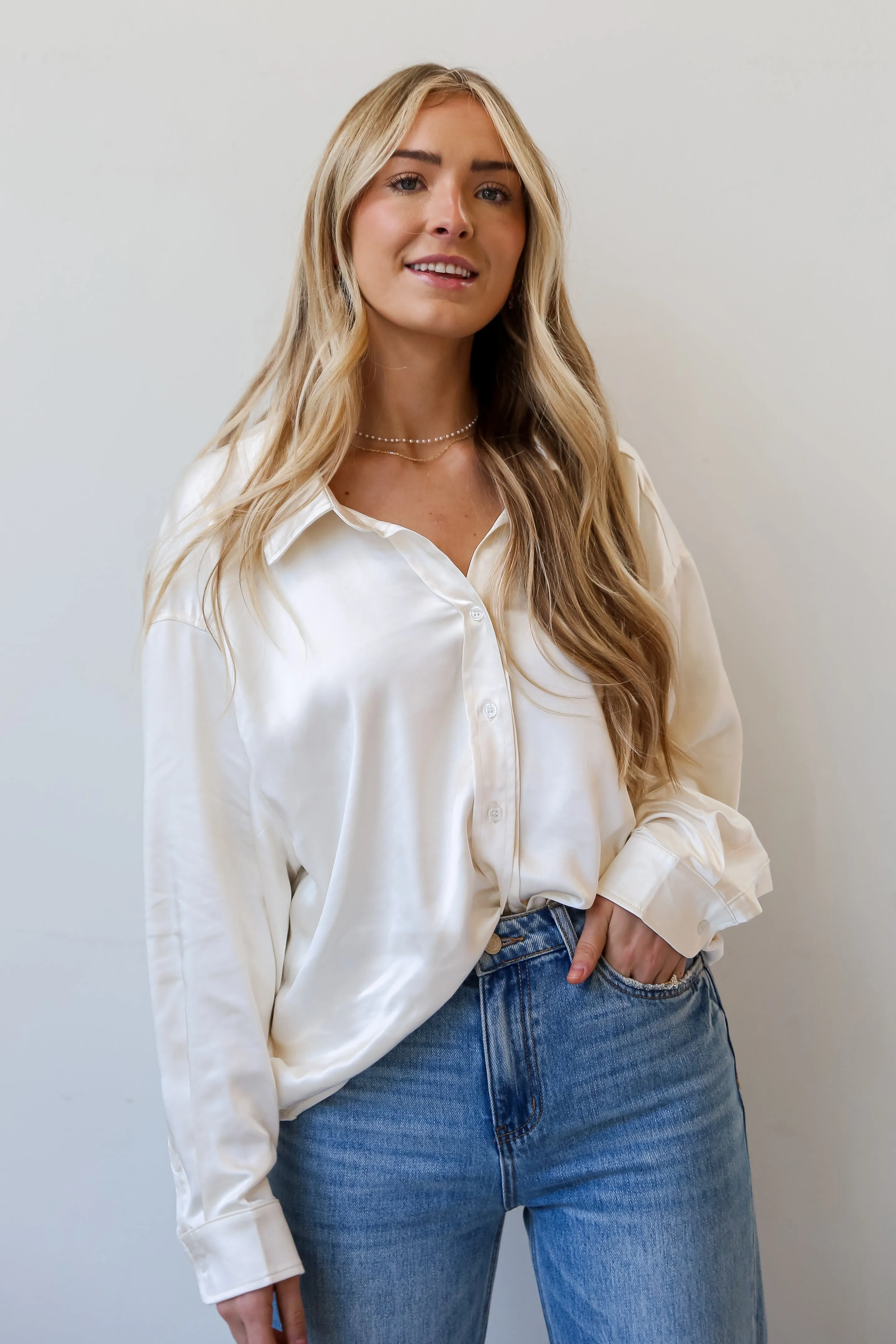 FINAL SALE - Consistently Confident Ivory Satin Oversized Button-Up Blouse