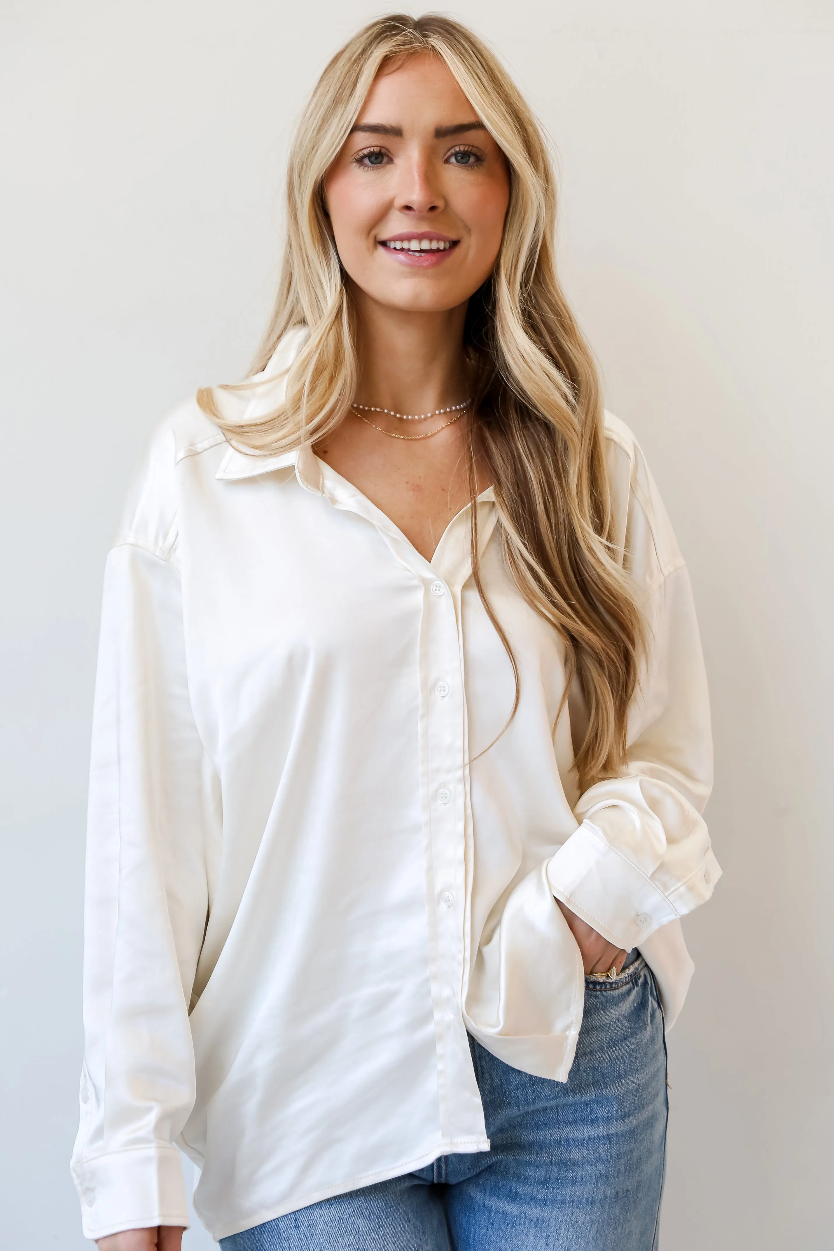 FINAL SALE - Consistently Confident Ivory Satin Oversized Button-Up Blouse
