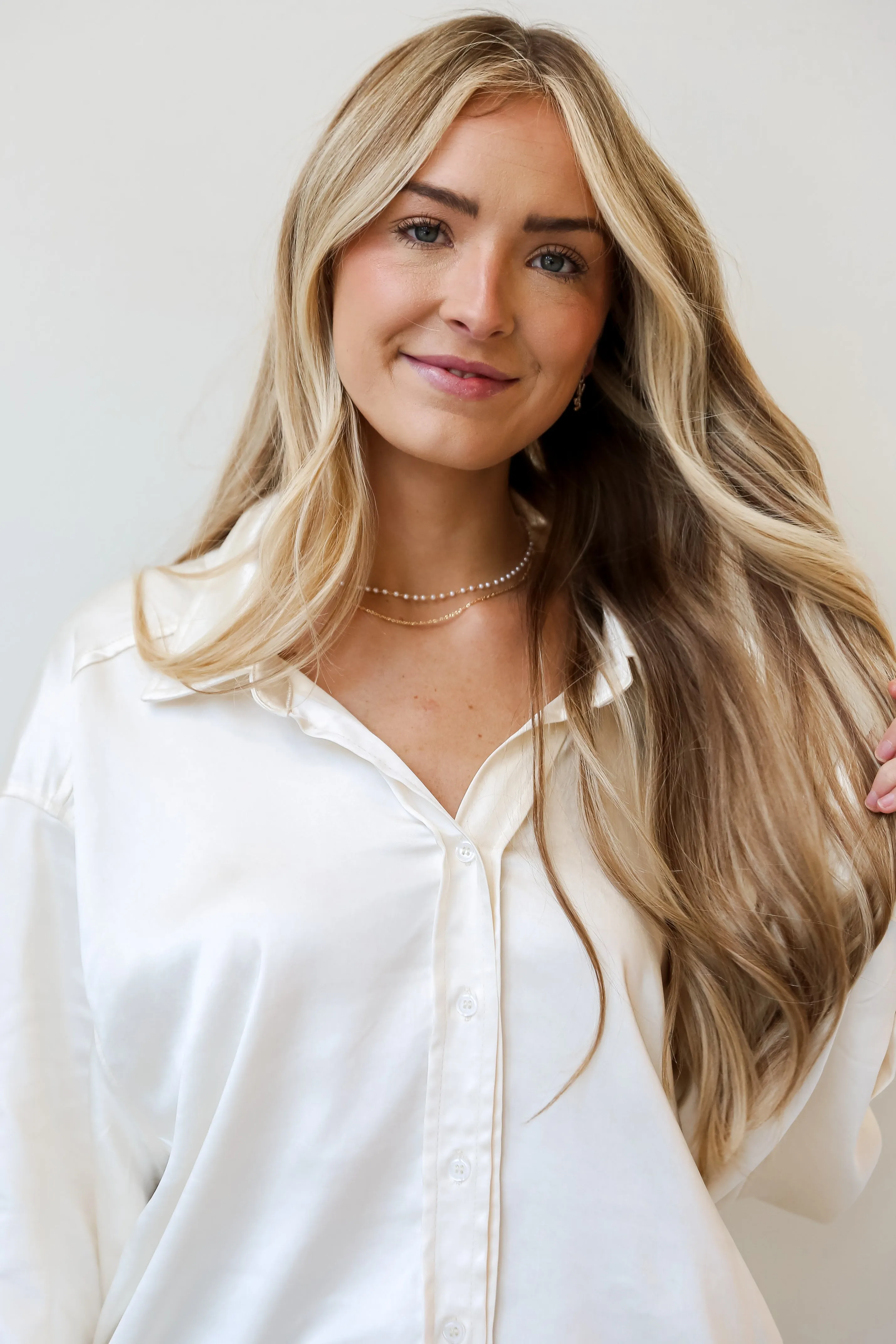 FINAL SALE - Consistently Confident Ivory Satin Oversized Button-Up Blouse