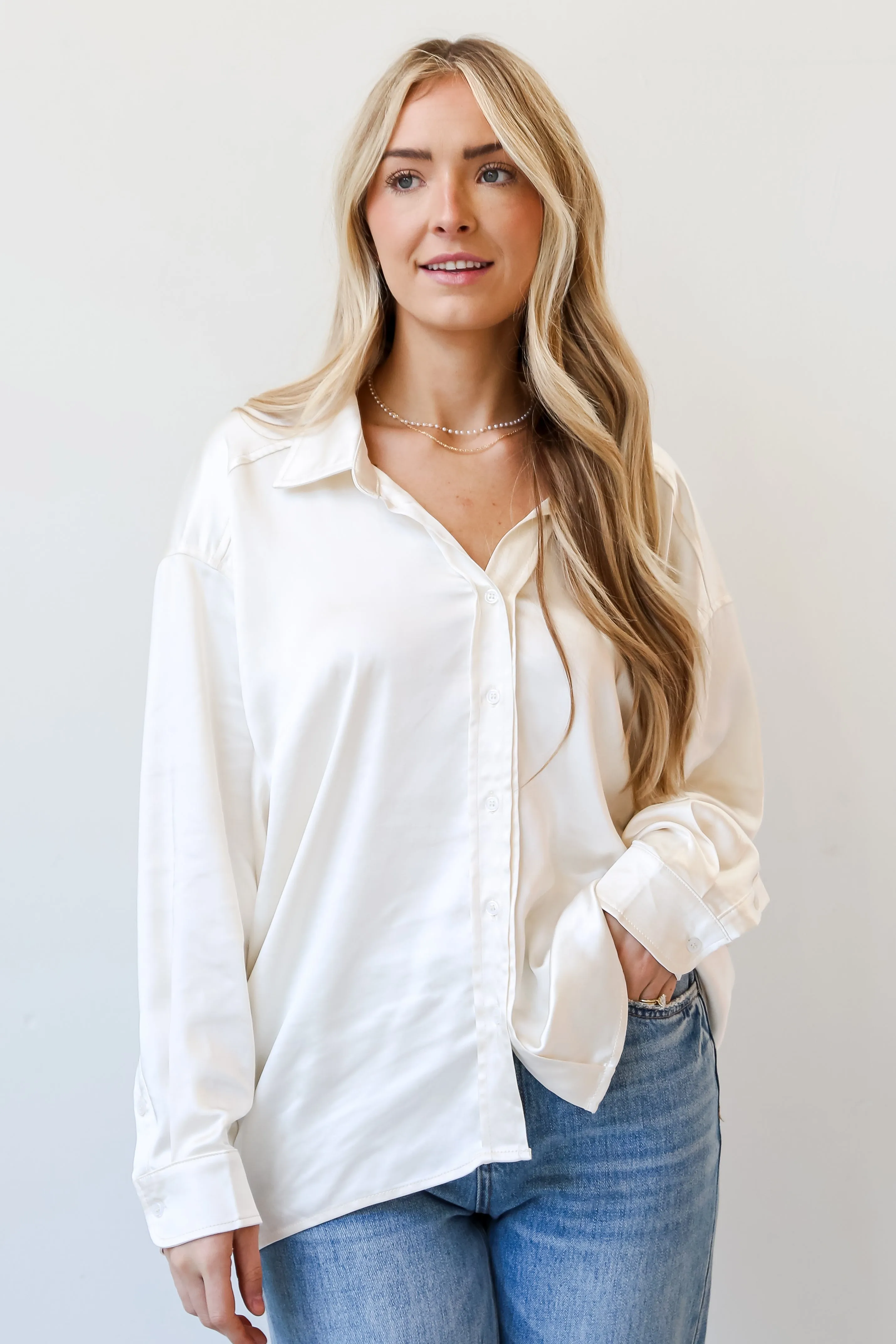 FINAL SALE - Consistently Confident Ivory Satin Oversized Button-Up Blouse