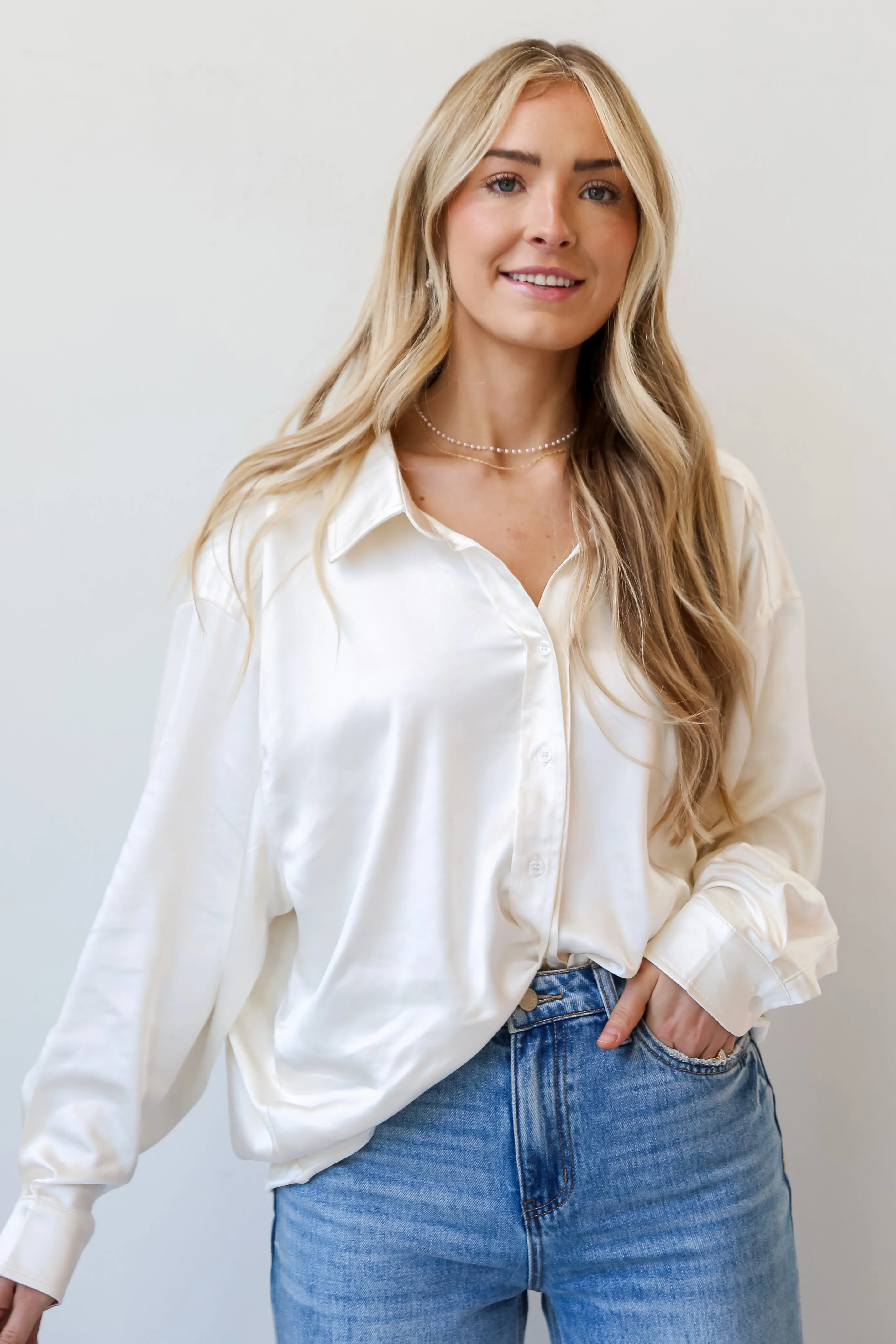 FINAL SALE - Consistently Confident Ivory Satin Oversized Button-Up Blouse