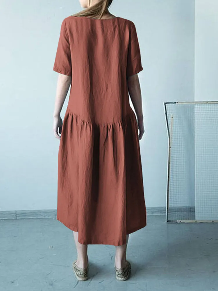 Half Sleeve O-neck Stitching Cotton Casual Plain Women Midi Dress