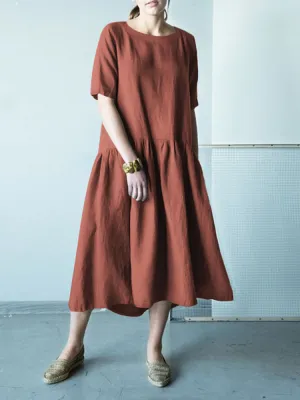 Half Sleeve O-neck Stitching Cotton Casual Plain Women Midi Dress