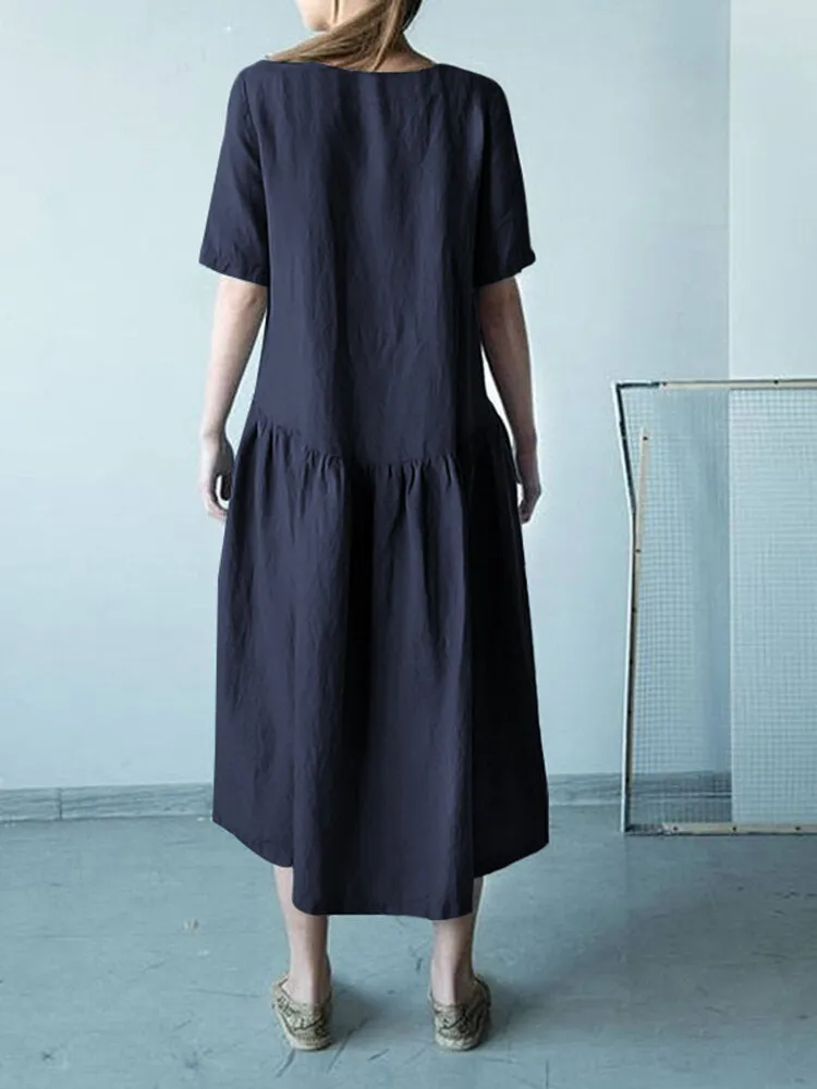 Half Sleeve O-neck Stitching Cotton Casual Plain Women Midi Dress
