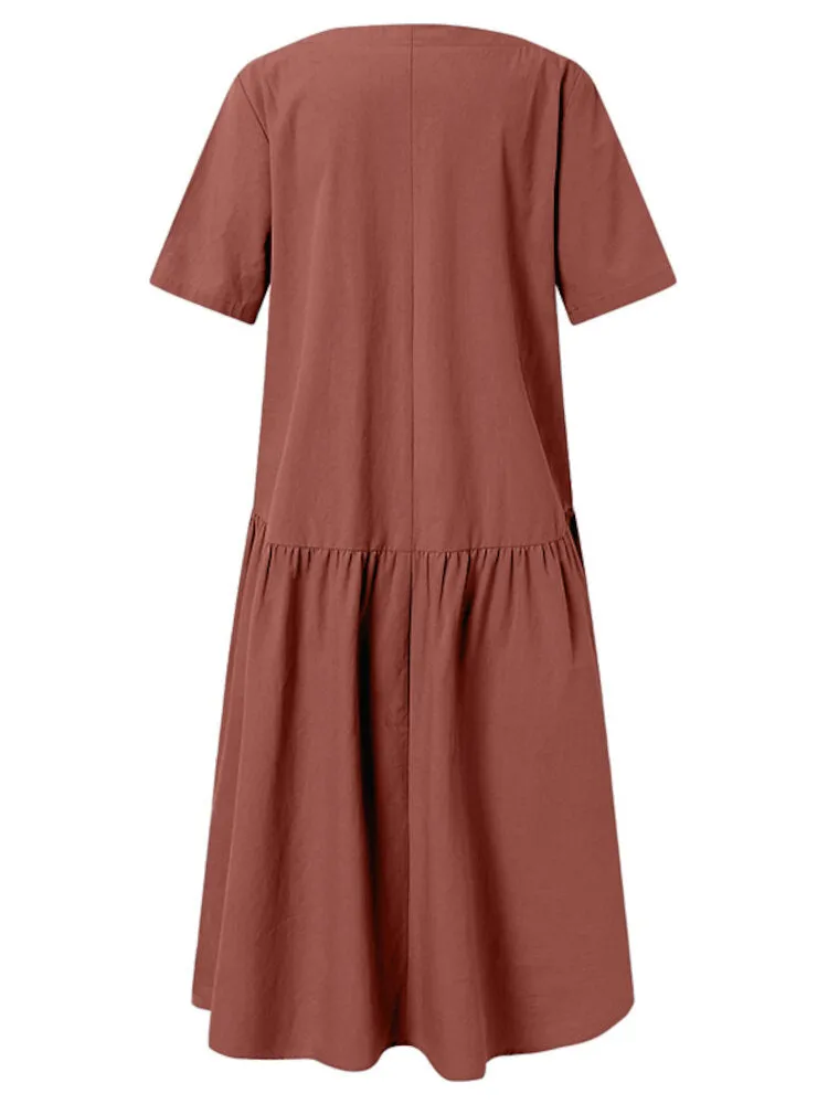 Half Sleeve O-neck Stitching Cotton Casual Plain Women Midi Dress