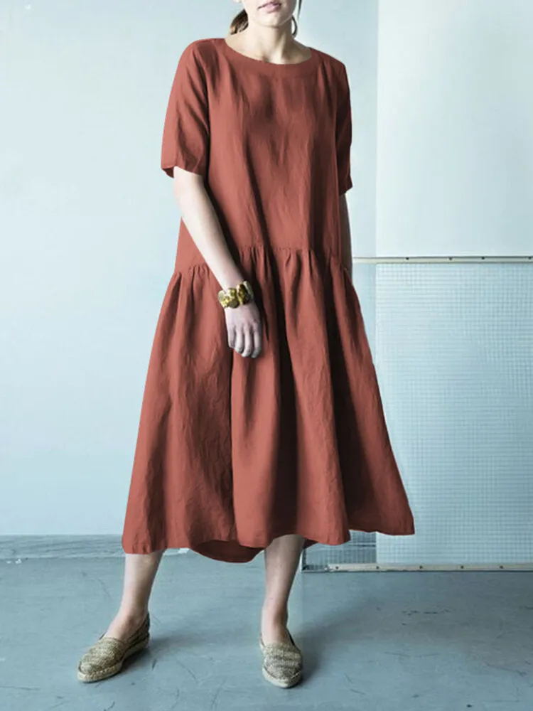 Half Sleeve O-neck Stitching Cotton Casual Plain Women Midi Dress