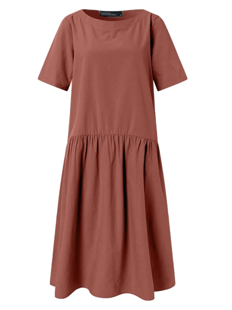 Half Sleeve O-neck Stitching Cotton Casual Plain Women Midi Dress