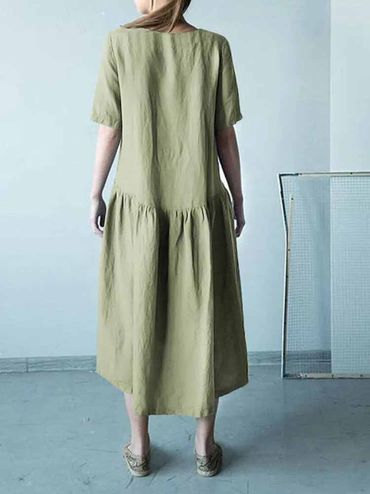 Half Sleeve O-neck Stitching Cotton Casual Plain Women Midi Dress