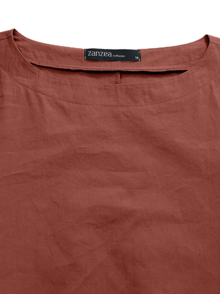 Half Sleeve O-neck Stitching Cotton Casual Plain Women Midi Dress