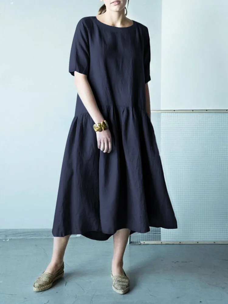 Half Sleeve O-neck Stitching Cotton Casual Plain Women Midi Dress