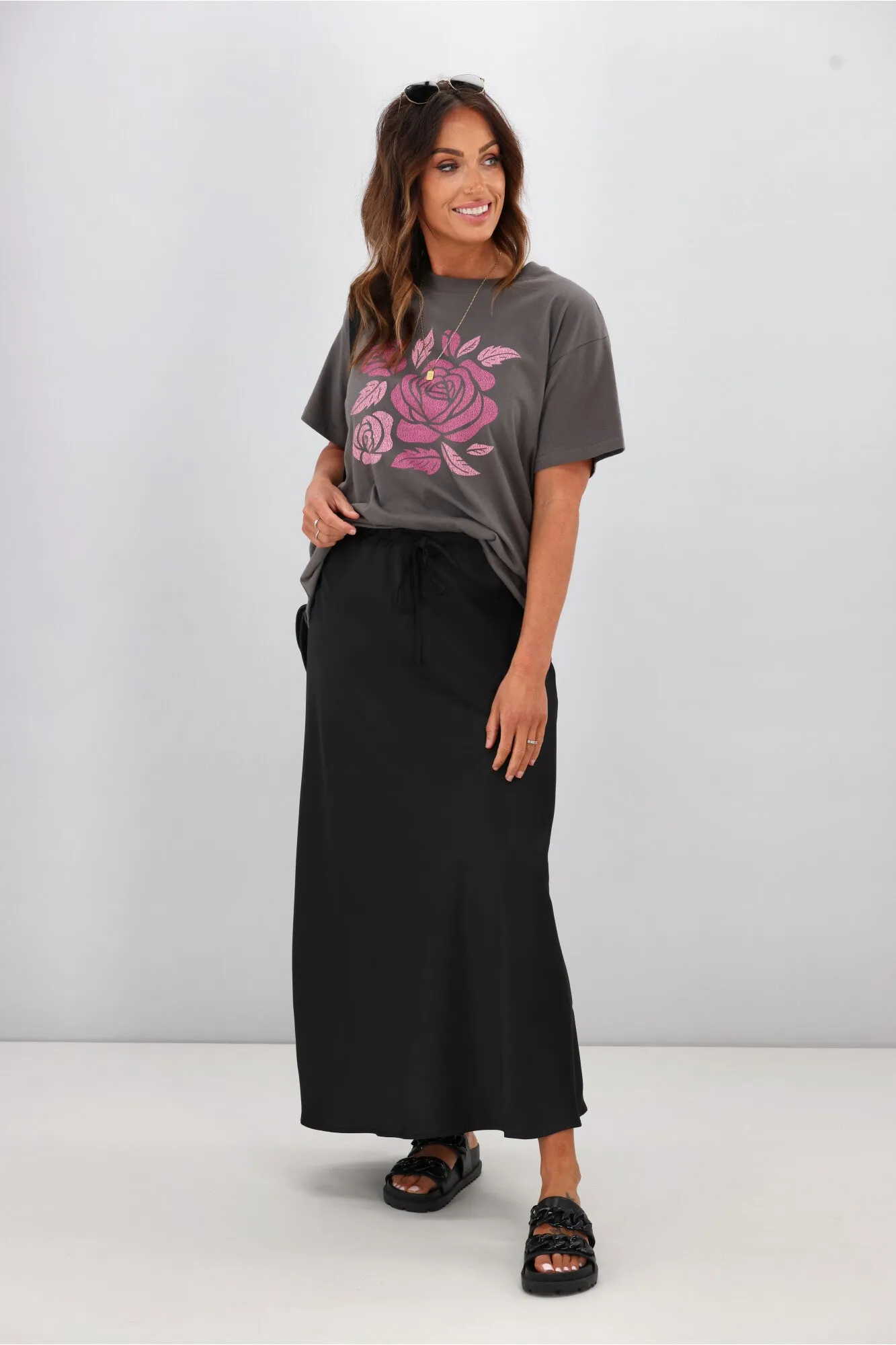 Shine On Label Hazel Satin Midi Skirt Black