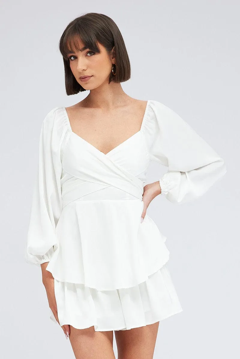 White Playsuit Long Sleeve V-Neck Waist Tie Matte Satin
