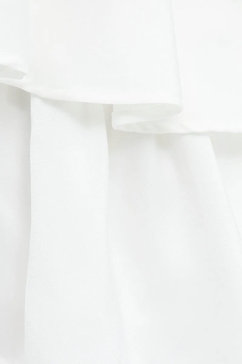 White Playsuit Long Sleeve V-Neck Waist Tie Matte Satin