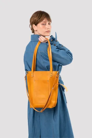 Yellow Zip Top Leather Tote Bag