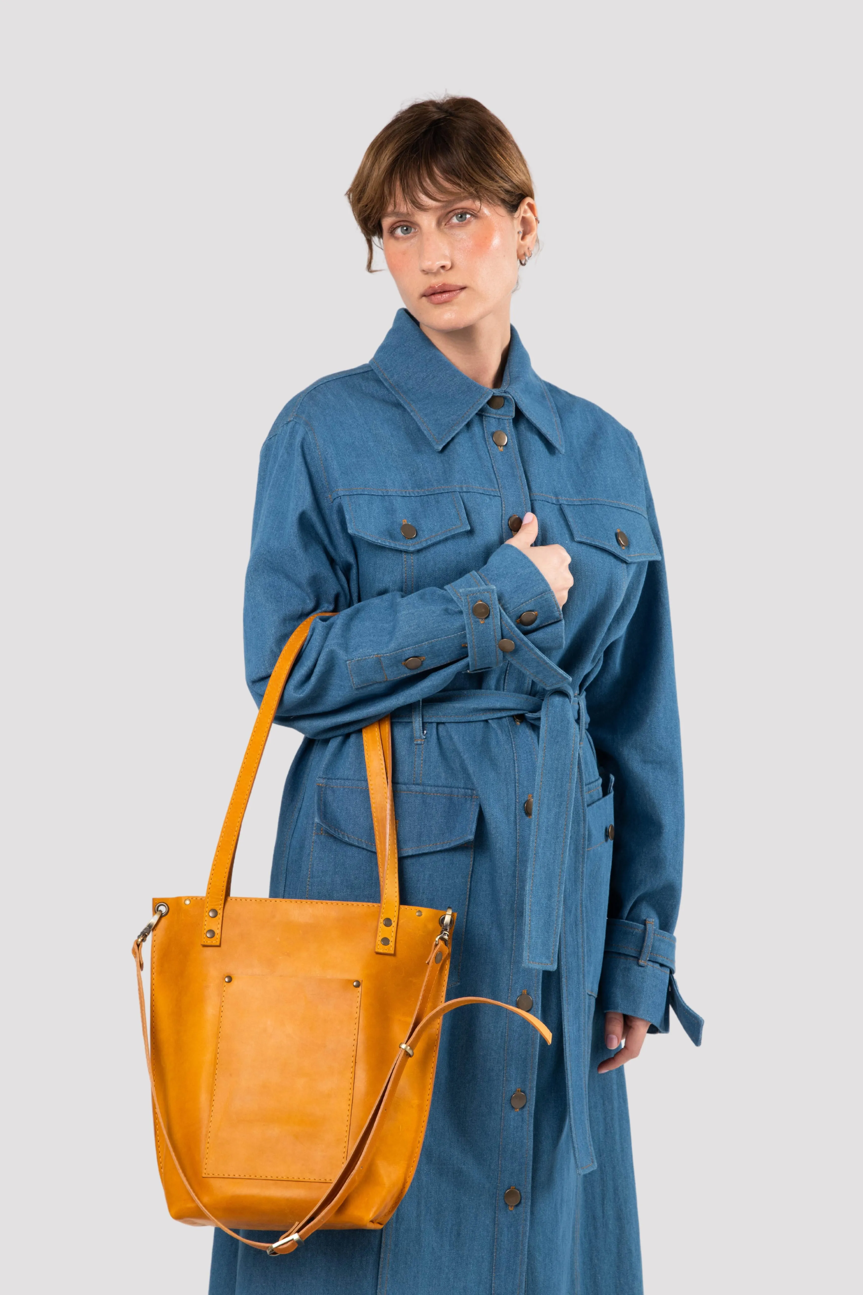 Yellow Zip Top Leather Tote Bag