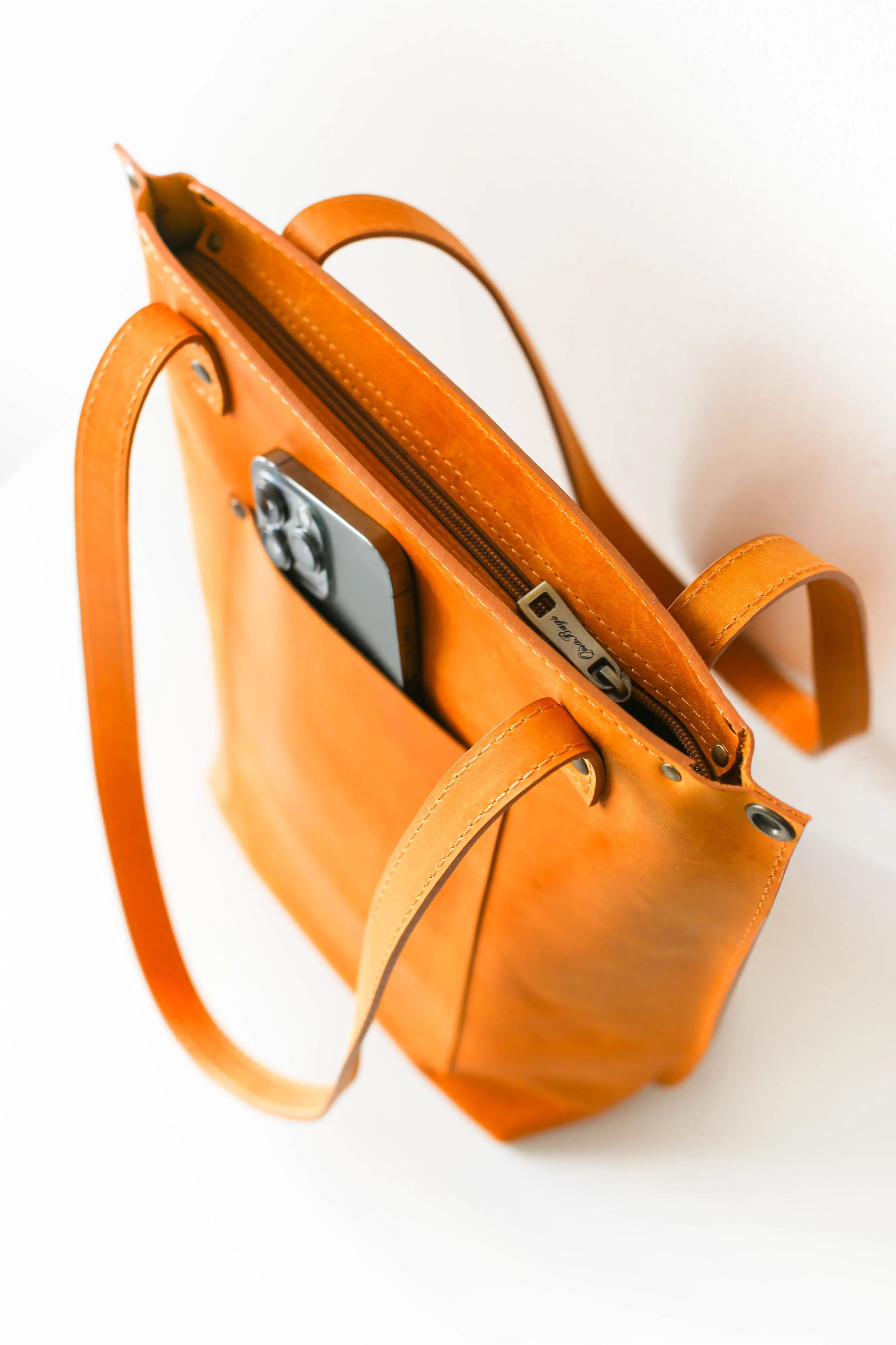 Yellow Zip Top Leather Tote Bag